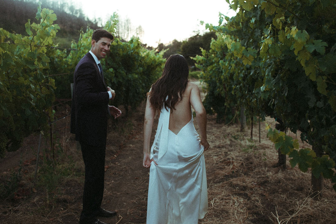 A bride and groom walk through a grapevine on their wedding day